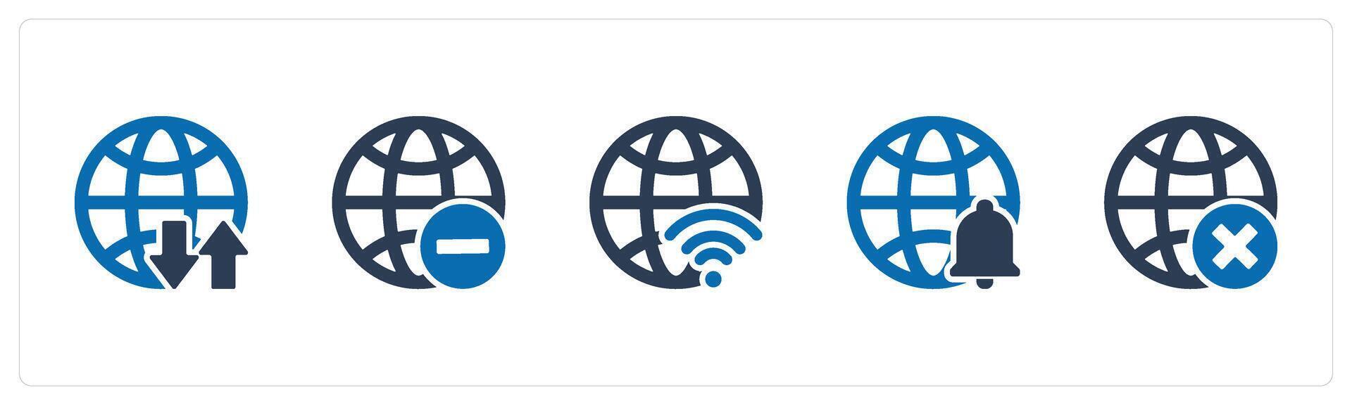 A set of 5 Internet icons as global synchronize, remove globe, global wifi vector