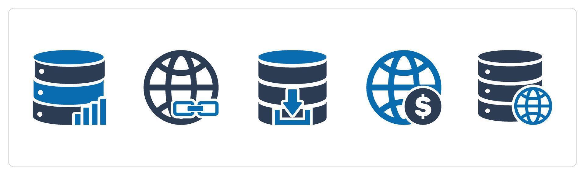 A set of 5 Internet icons as server statistics, link global, download server vector