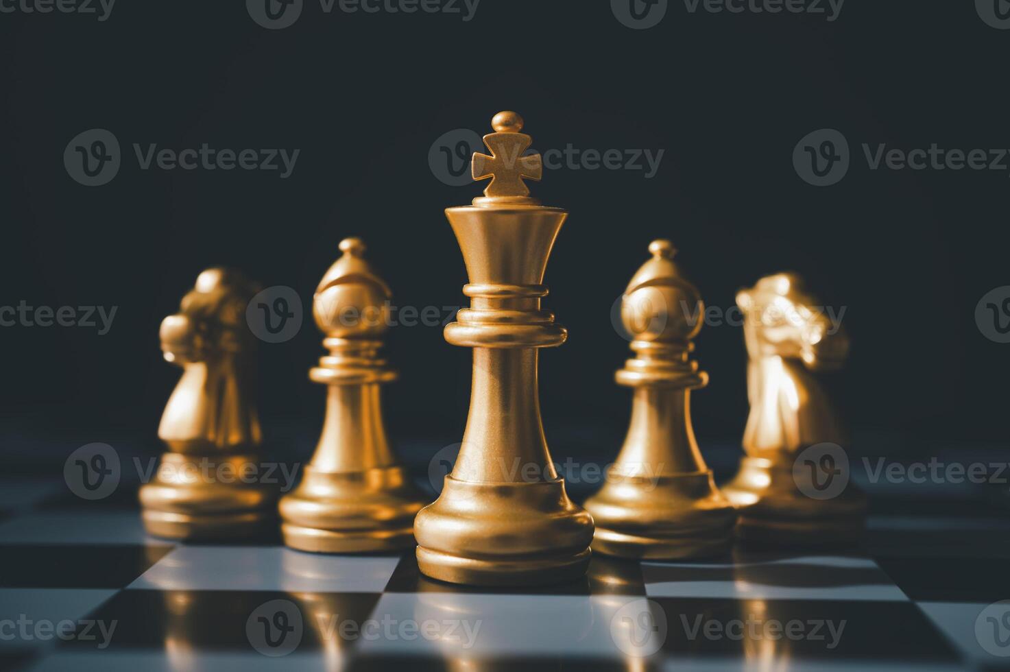 The set of golden chess pieces element is on the chalkboard.chess board game concept of business ideas and competition and stratagy plan success meaning photo