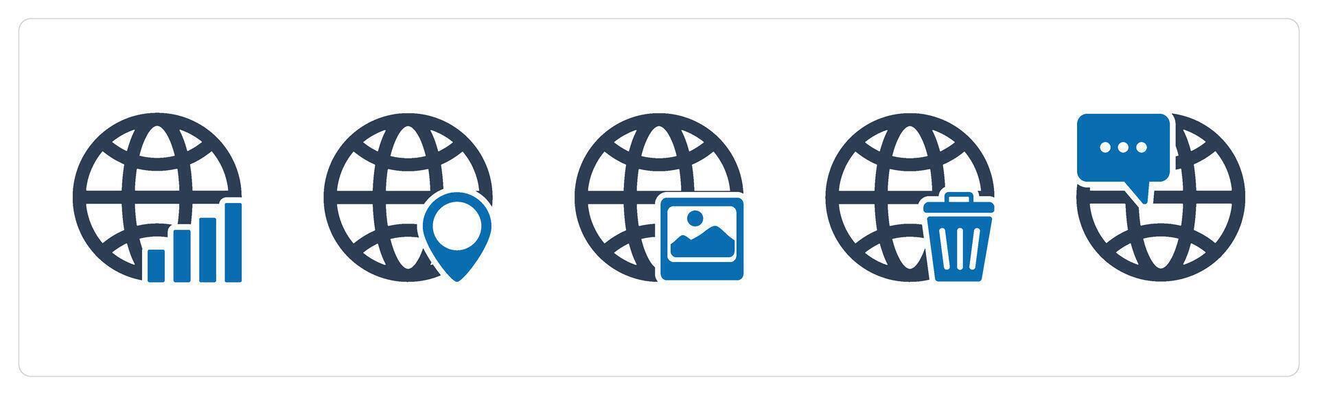 A set of 5 Internet icons as global statistics, global location, global image vector