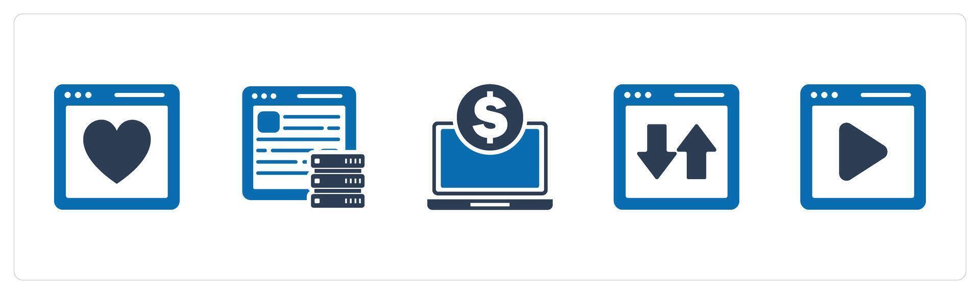 A set of 5 Internet icons as favorite webpage, hosting, online finance vector