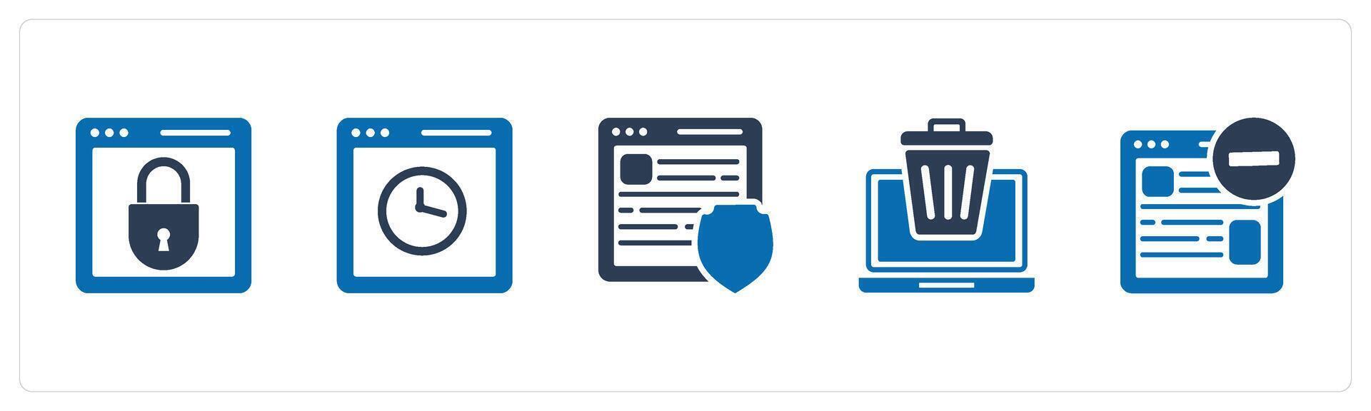 A set of 5 Internet icons as webpage protection, webpage time, webpage security vector