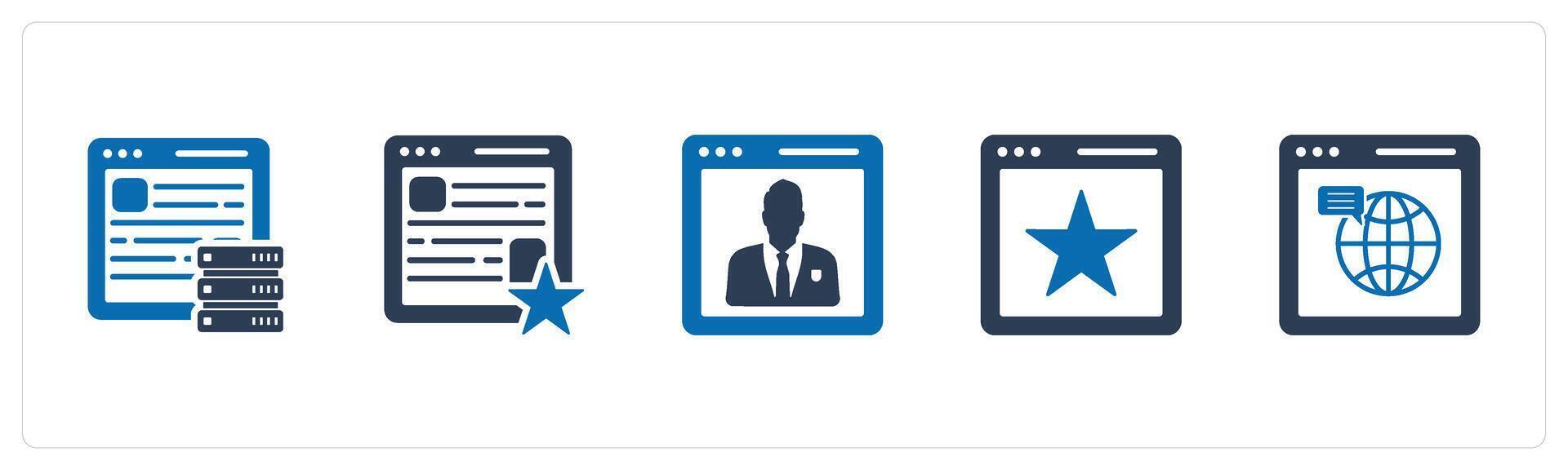 A set of 5 Internet icons as hosting, favorite webpage, user details vector