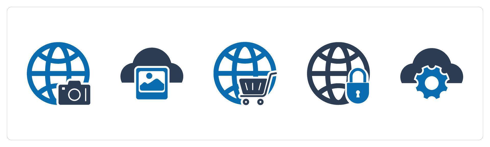 A set of 5 Internet icons as global image, cloud image, global cart vector