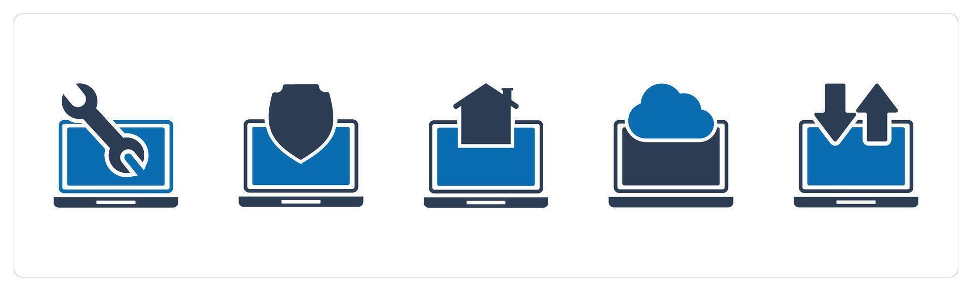 A set of 5 Internet icons as laptop maintenance, laptop security, home laptop vector