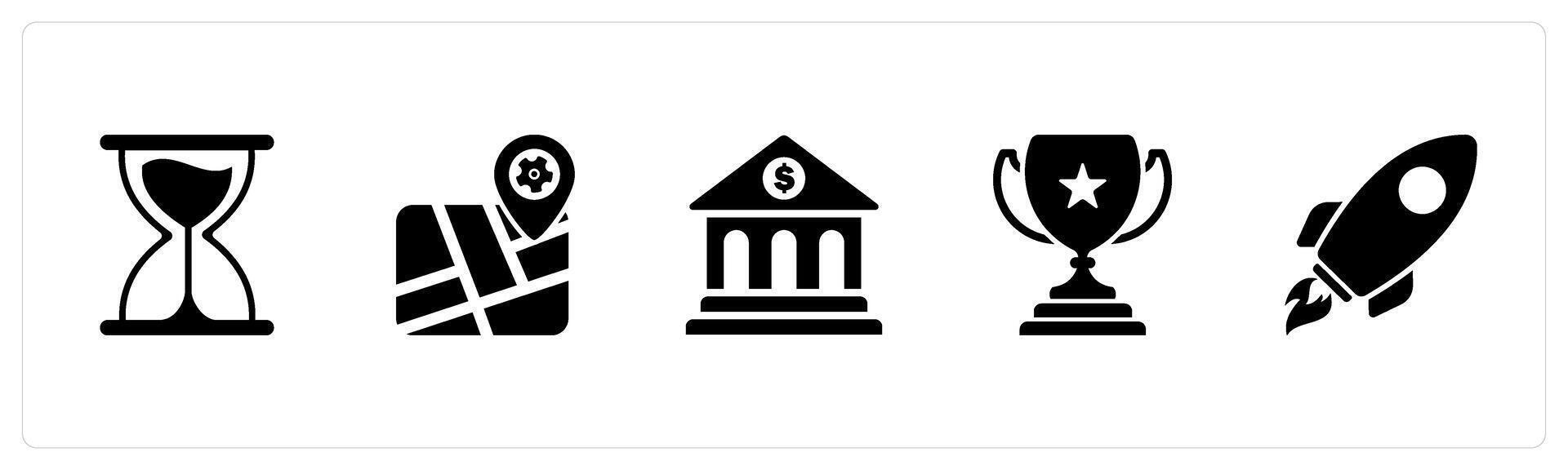 A set of 5 Mix icons as hourglass, setting map, bank vector