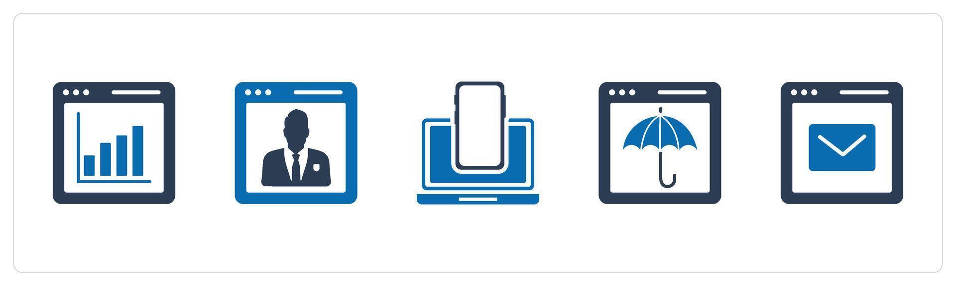 A set of 5 Internet icons as webpage statistics, user details, responsive vector