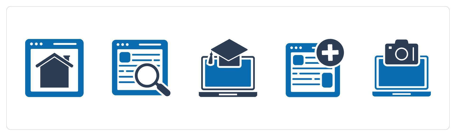 A set of 5 Internet icons as home page, webpage search, online education vector