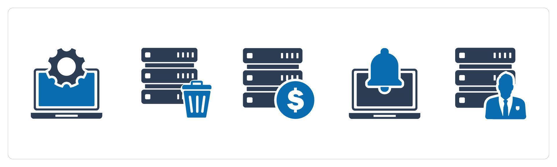 A set of 5 Internet icons as laptop settings, trash server, finance server vector