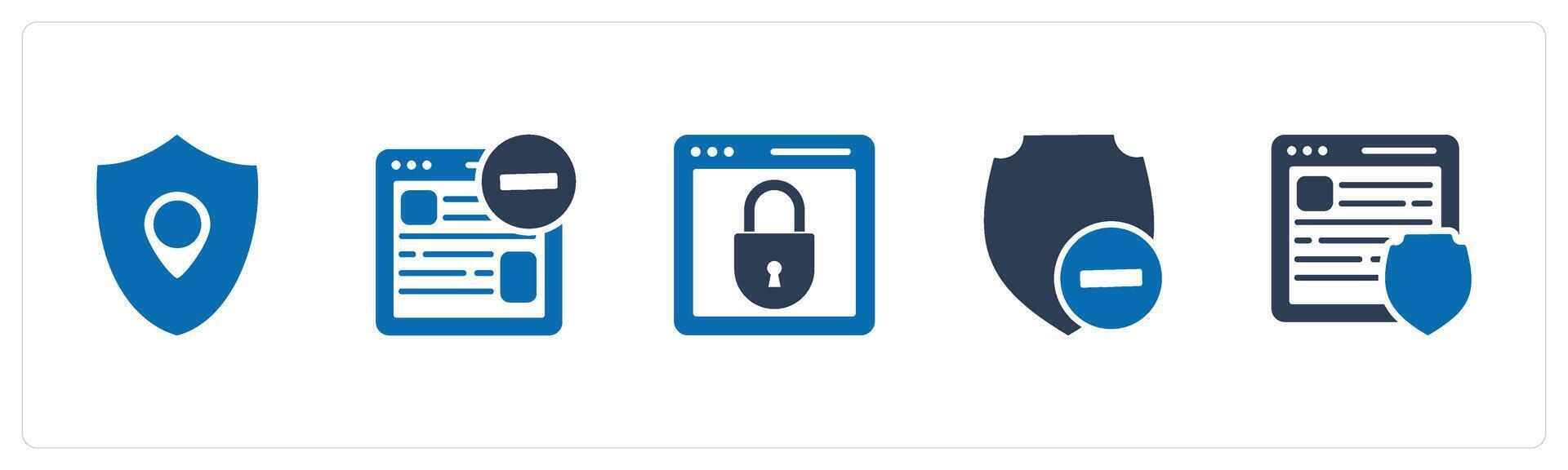 A set of 5 Internet icons as location, shield, remove webpage, webpage protection vector