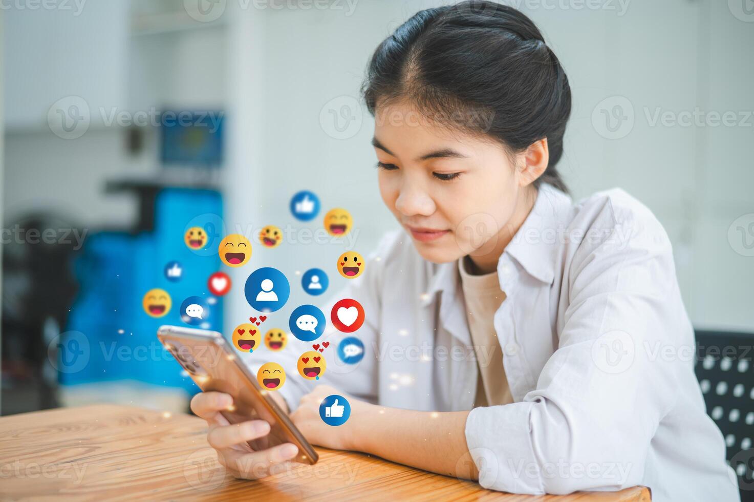 Women using their phones to connect on social media. Different symbols and viewpoints are acknowledged. notion of social media. photo