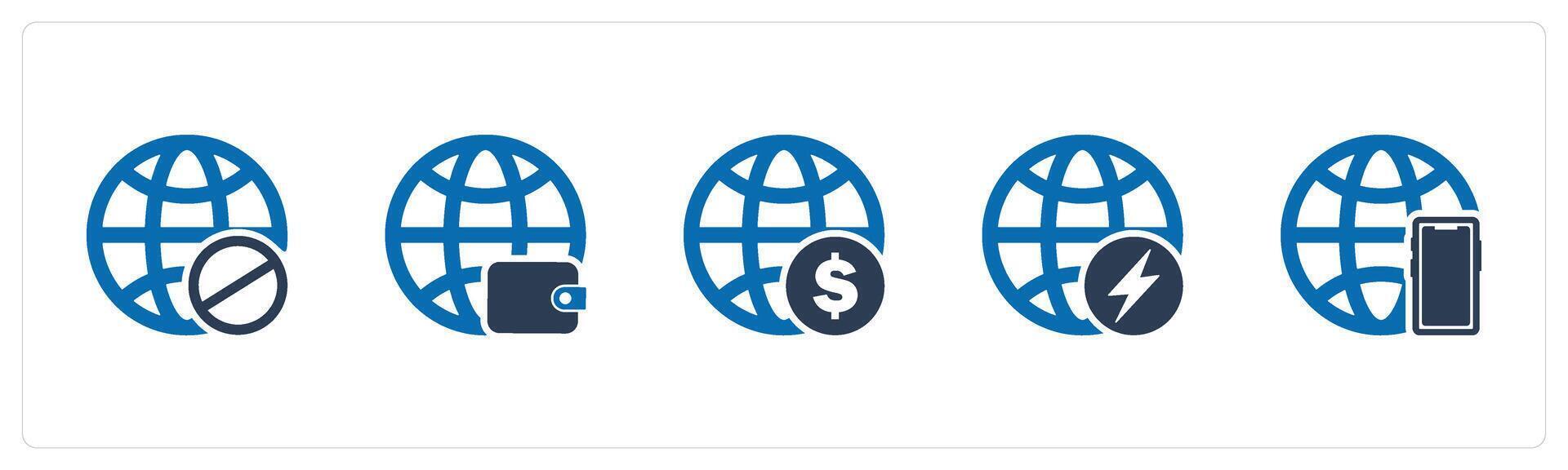 A set of 5 Internet icons as global prohibited, global wallet, financial global vector
