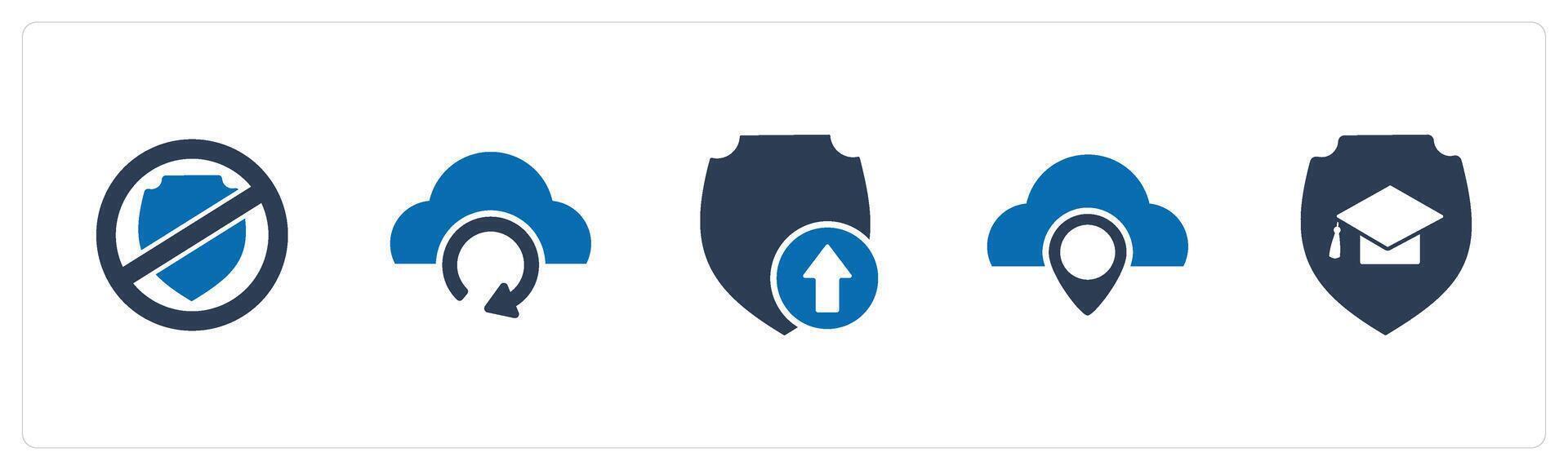 A set of 5 Internet icons as shield prohibited, update cloud, upload shield vector
