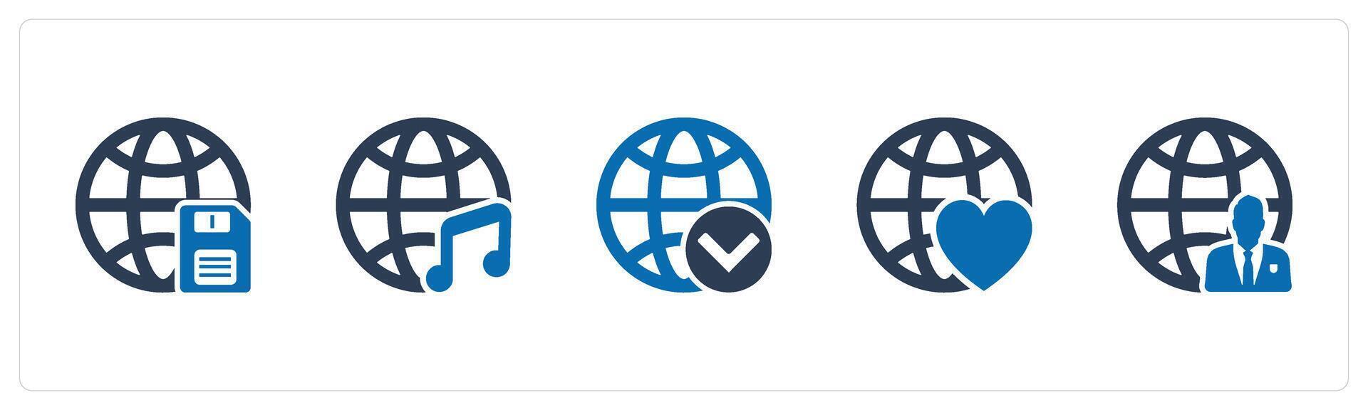 A set of 5 Internet icons as global card, global music, globe vector