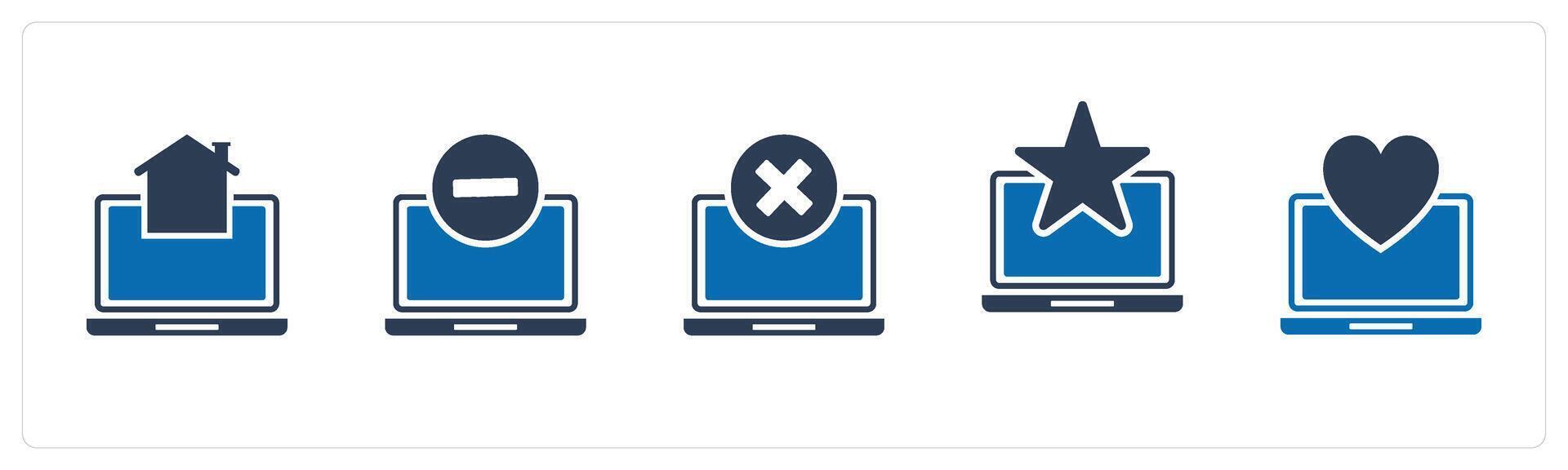 A set of 5 Internet icons as home laptop, remove laptop, wrong laptop vector