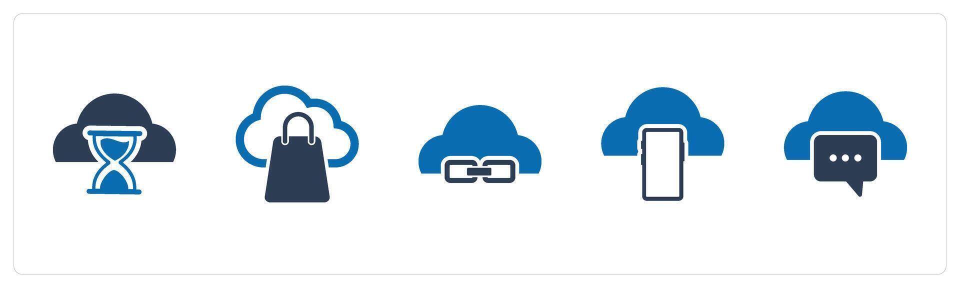 A set of 5 Internet icons as cloud hourglass, cloud shopping, link cloud vector