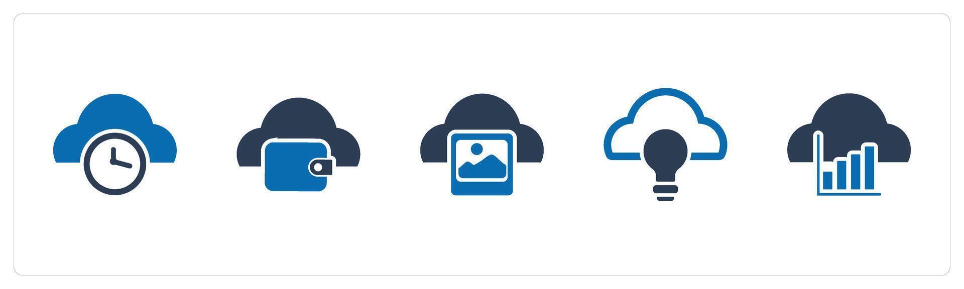 A set of 5 Internet icons as cloud time, cloud wallet, cloud image vector