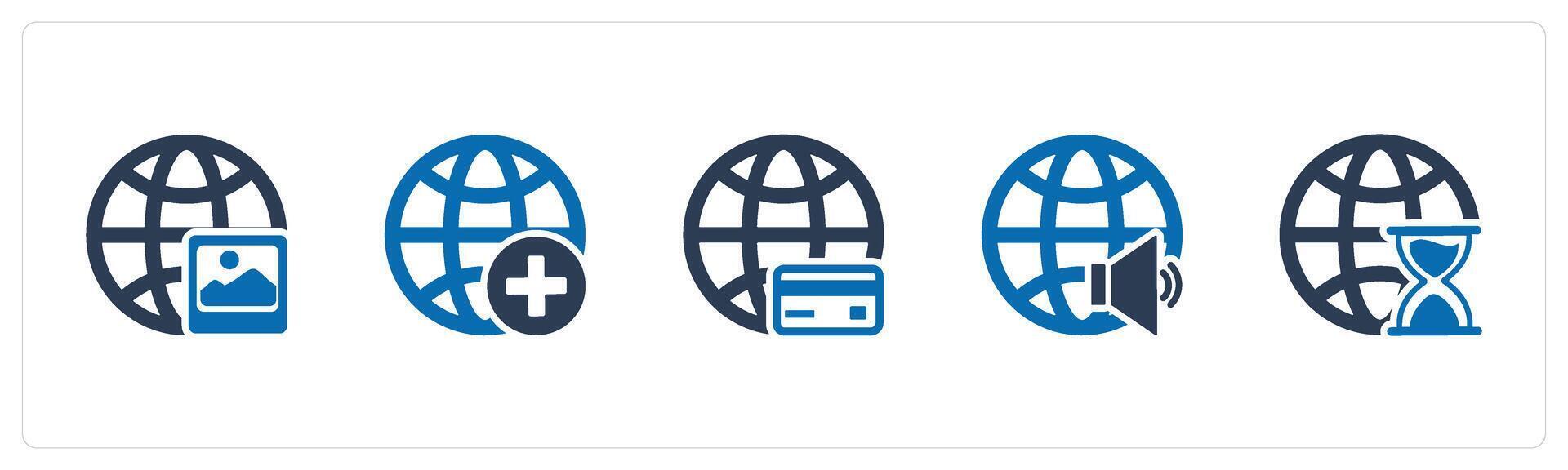 A set of 5 Internet icons as global image, add global, global volume vector
