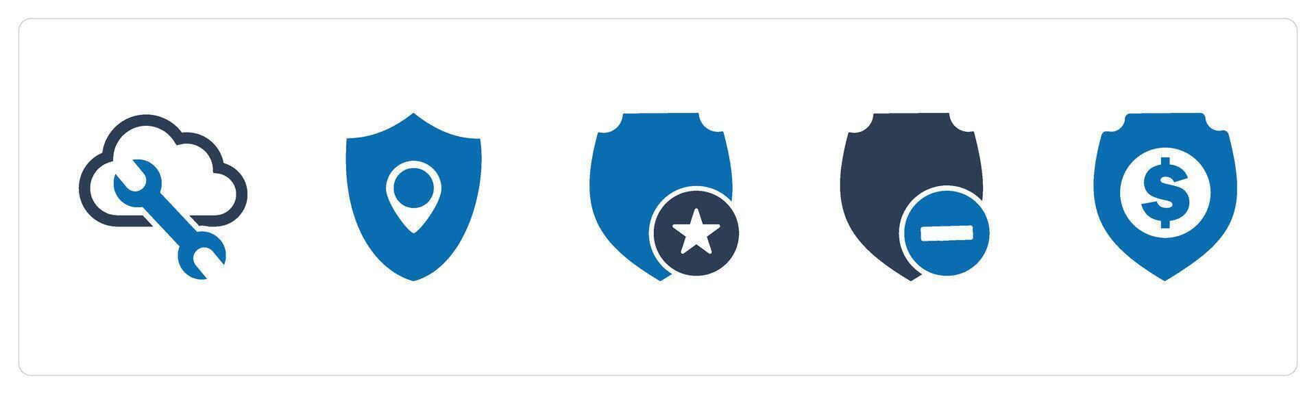 A set of 5 Internet icons as cloud setting, location shield, favorite shield vector