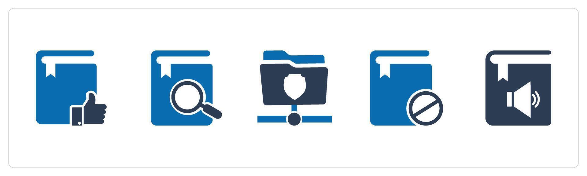 A set of 5 Document icons as approved book, search book, folder protection vector
