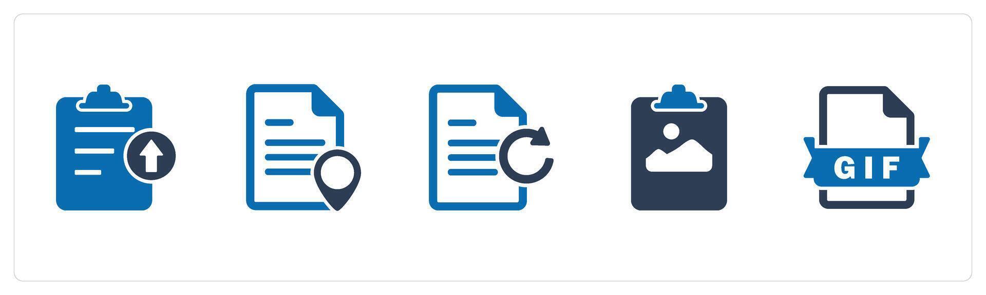 A set of 5 Document icons as upload file, page location, update document vector