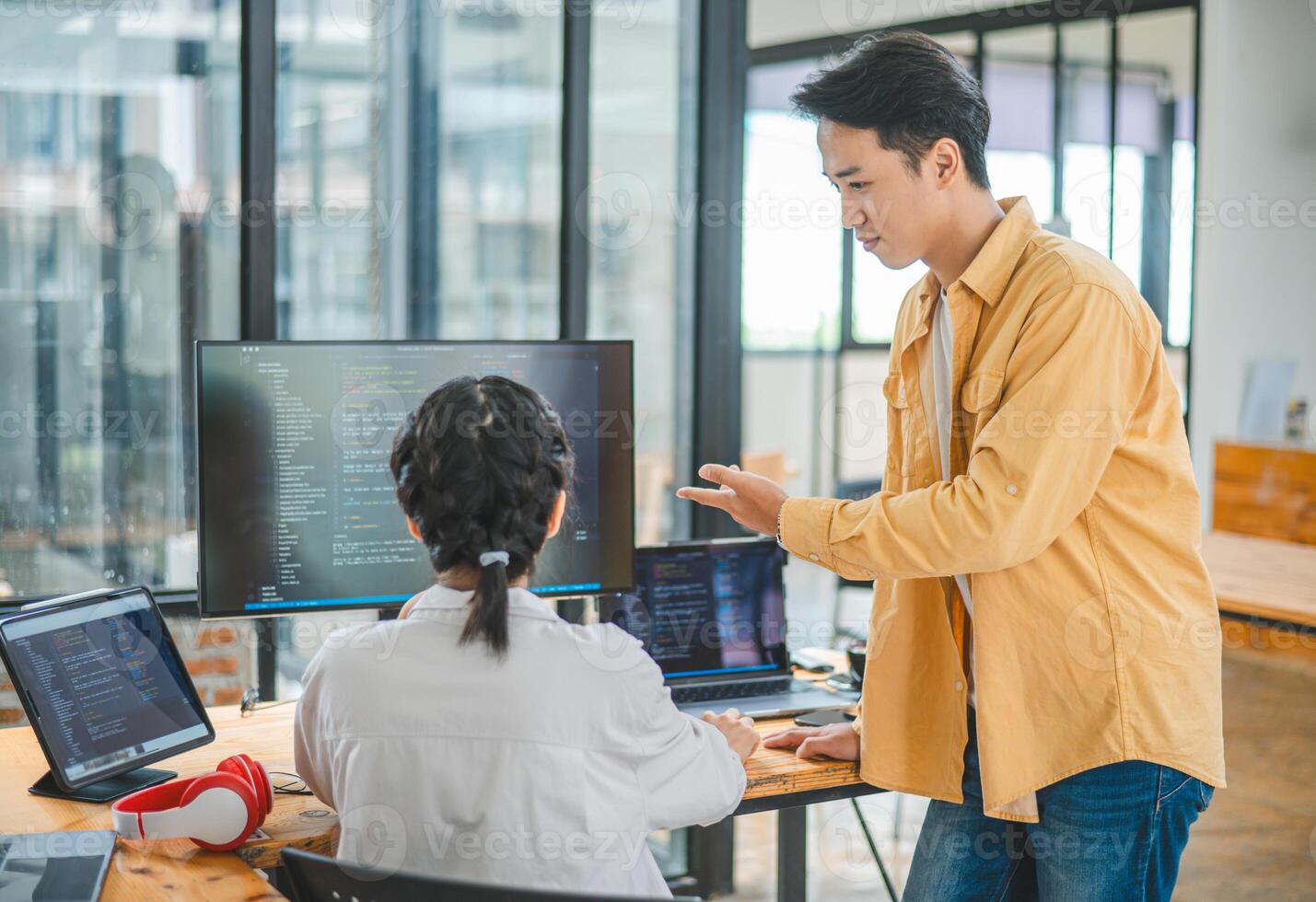 team programmer focuses on software development, site design, and the advancement of coding and programming technology.concepts for technological development photo