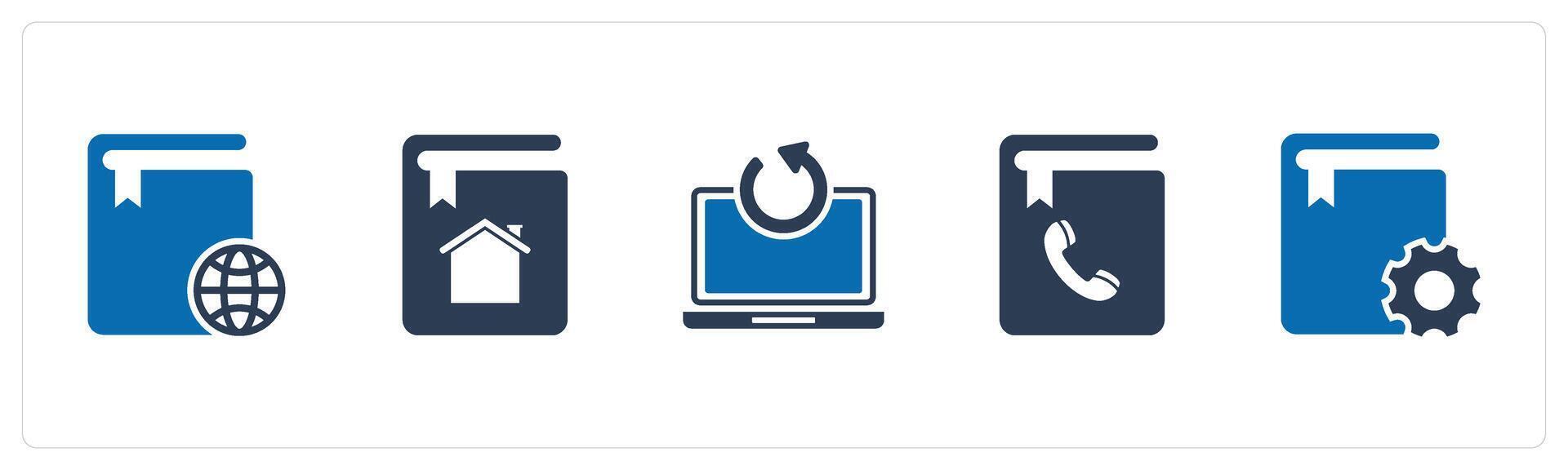 A set of 5 Document icons as global book, home book, update laptop vector