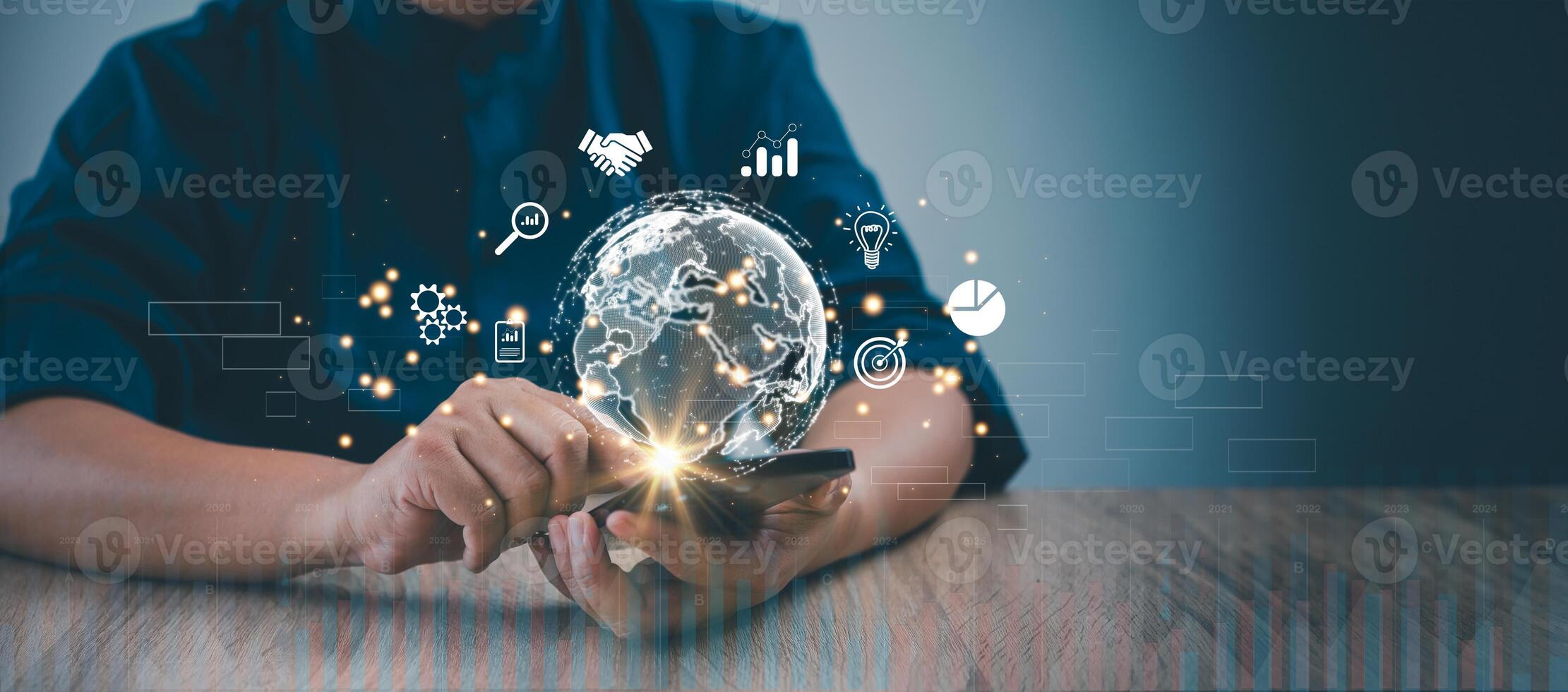 Businessman holding virtual Global Internet connection metaverse. Business global internet connection application technology and digital marketing.Financial and banking, Digital link tech photo