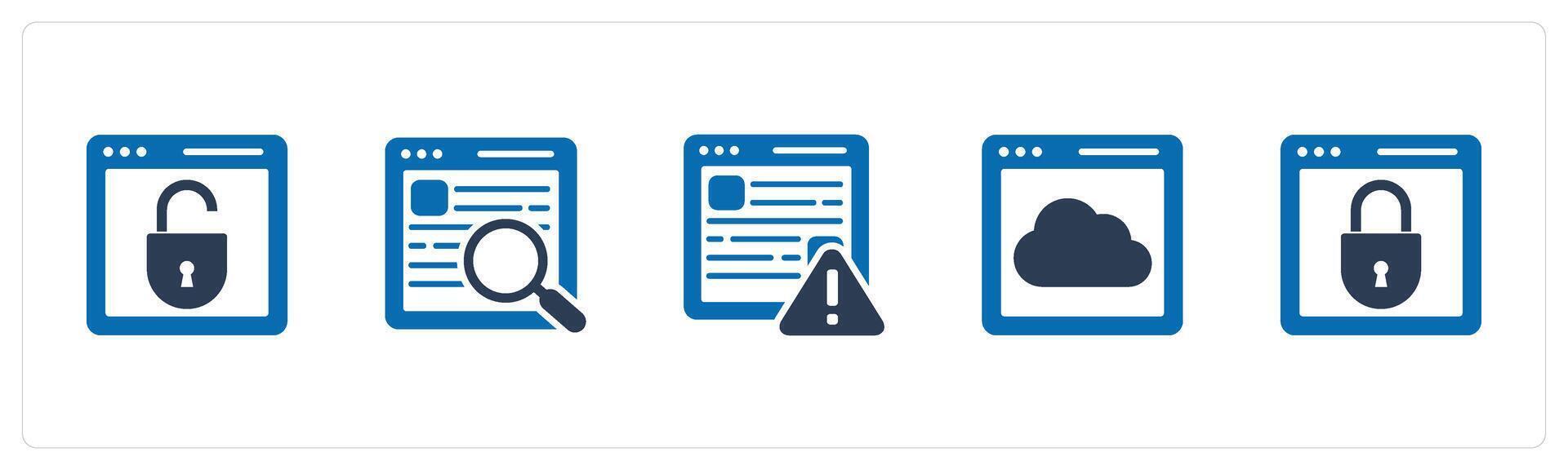A set of 5 Internet icons as webpage protection, webpage search, webpage maintenance vector