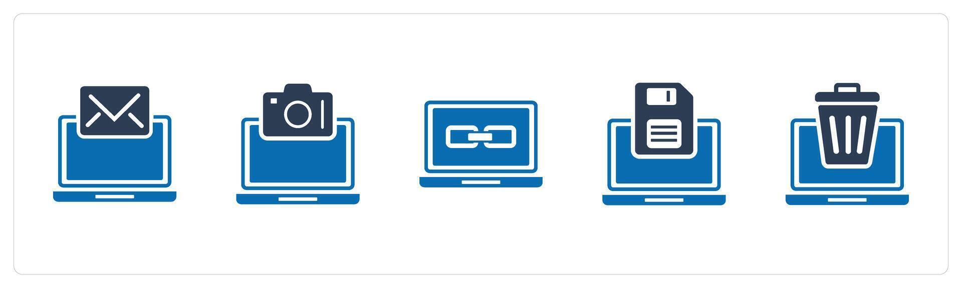 A set of 5 Internet icons as online conversation, online photography, link laptop vector