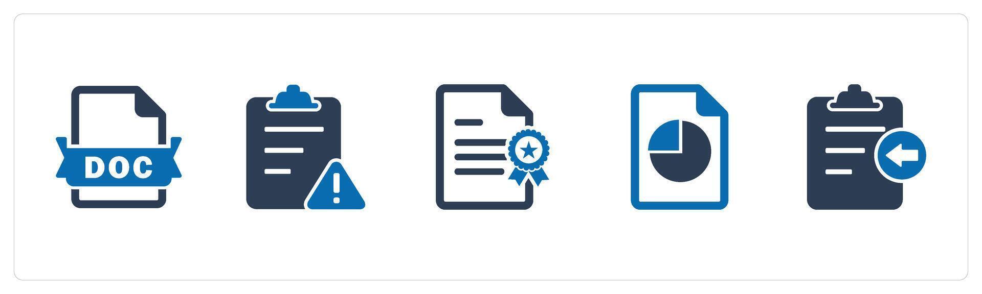 A set of 5 Document icons as doc file, page maintenance, certificate vector