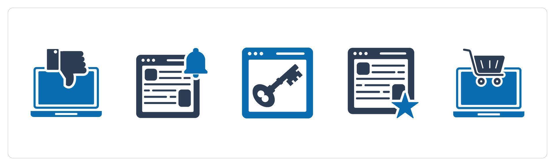 A set of 5 Internet icons as dislike laptop, webpage notification, webpage protection vector