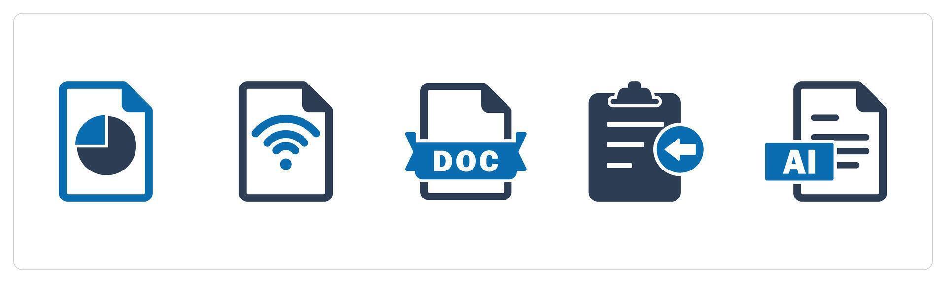 A set of 5 Document icons as pie chart, wifi documnt, doc file vector