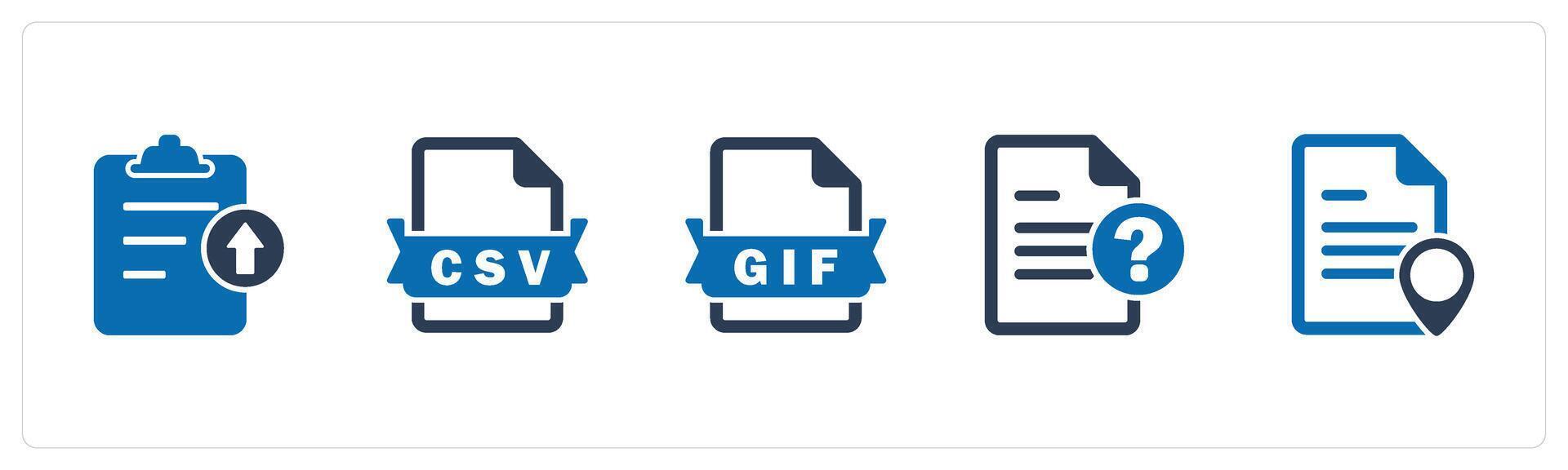 A set of 5 Document icons as upload file, csv file, gif file vector