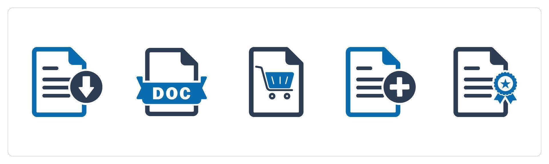A set of 5 Document icons as download file, doc file, shopping list vector