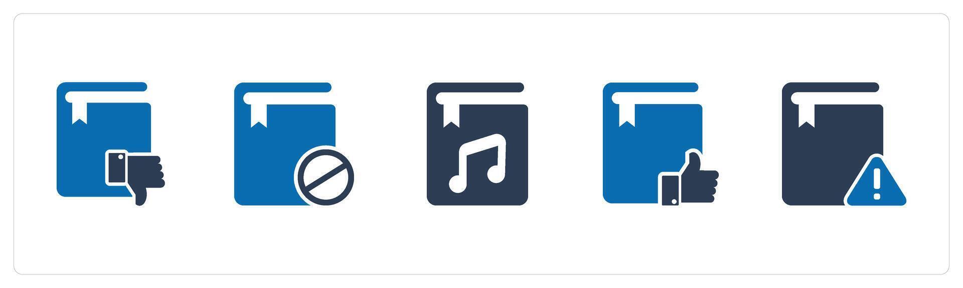 A set of 5 Document icons as dislike book, prohibited book, music book vector