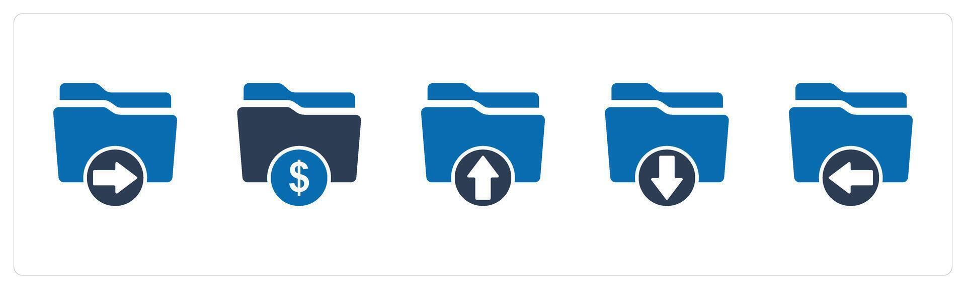 A set of 5 Document icons as search folder, finance folder, upload folder vector
