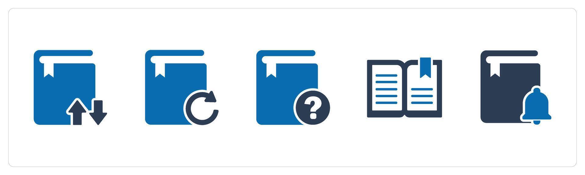A set of 5 Document icons as synchronize book, update book, question book vector