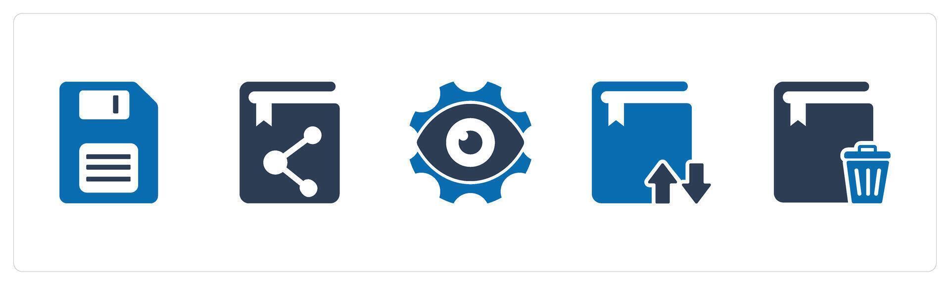 A set of 5 Document icons as memory card, share book, view settings vector