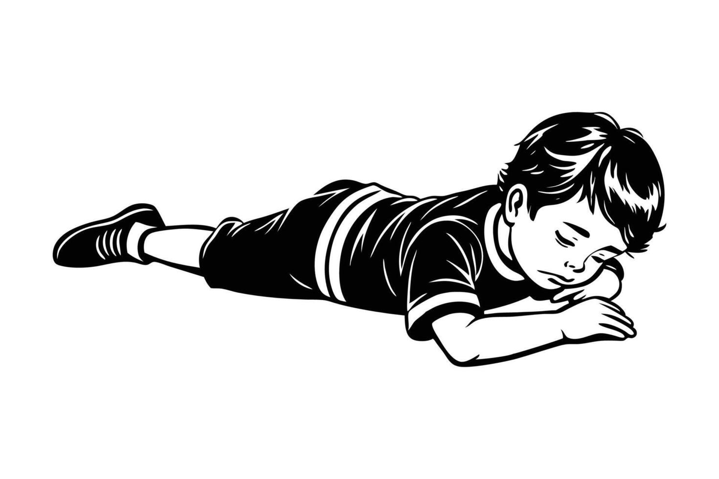 A black and white drawing of a little boy laying on his stomach vector