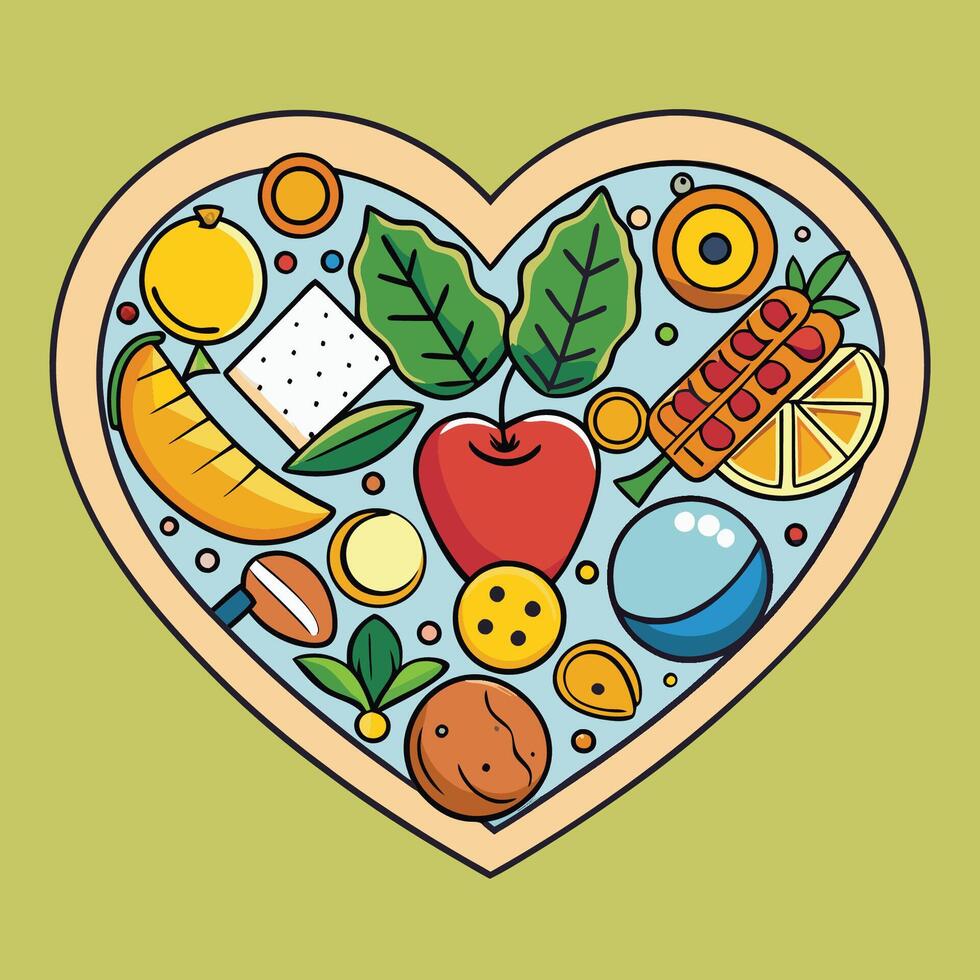 Heart shaped food and drink icons in a circle vector