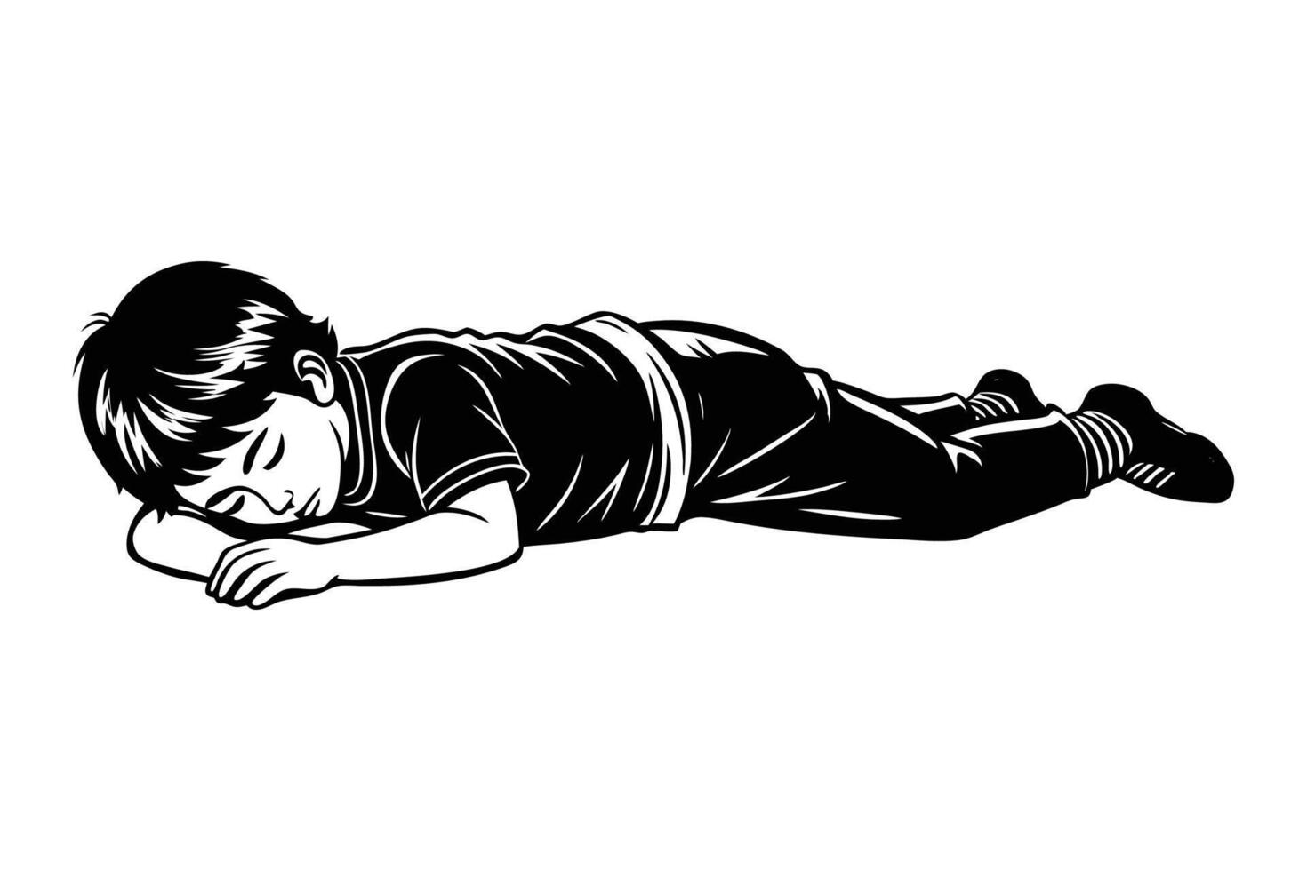 A black and white drawing of a boy laying on his stomach vector