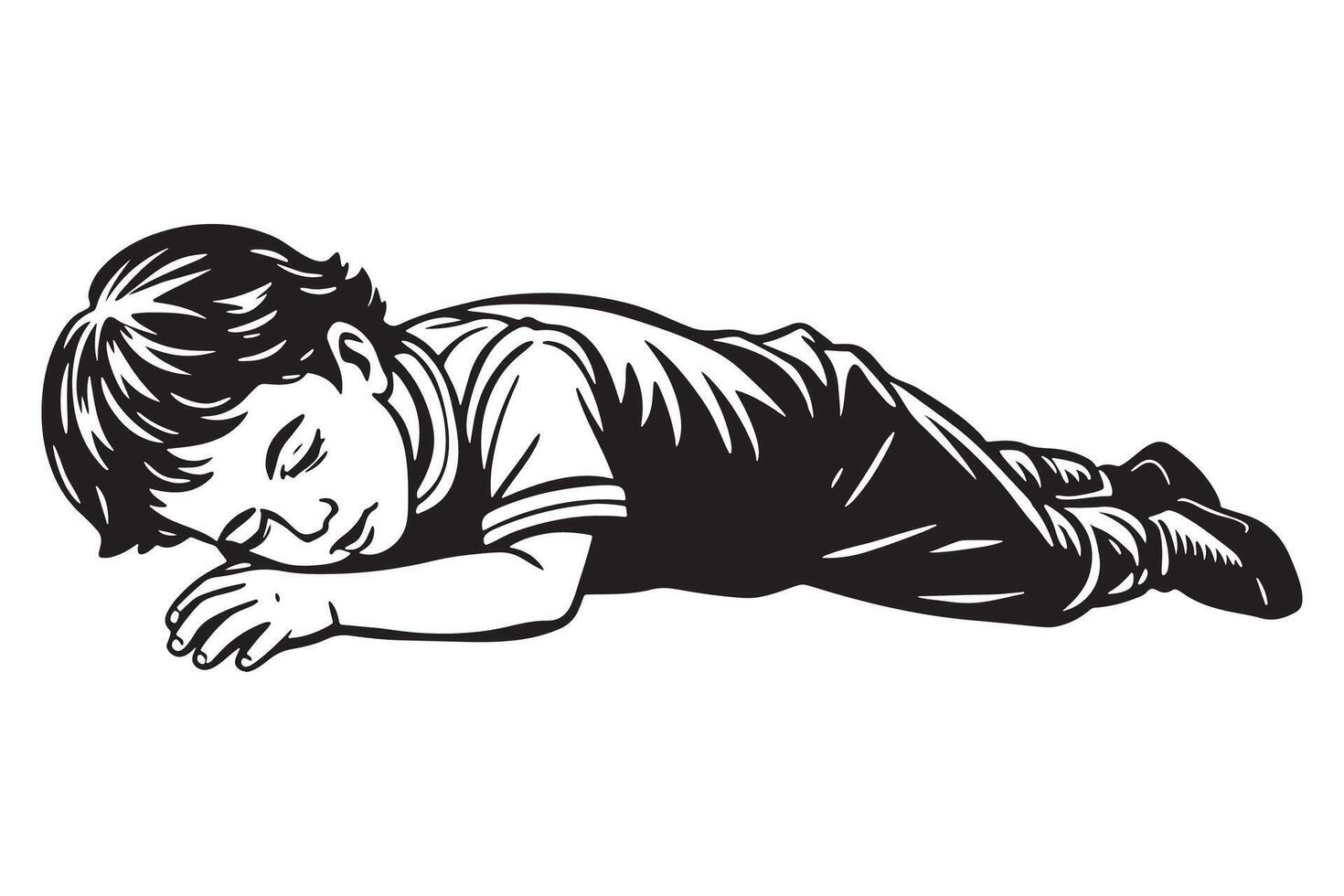 A black and white drawing of a little boy laying on his stomach vector