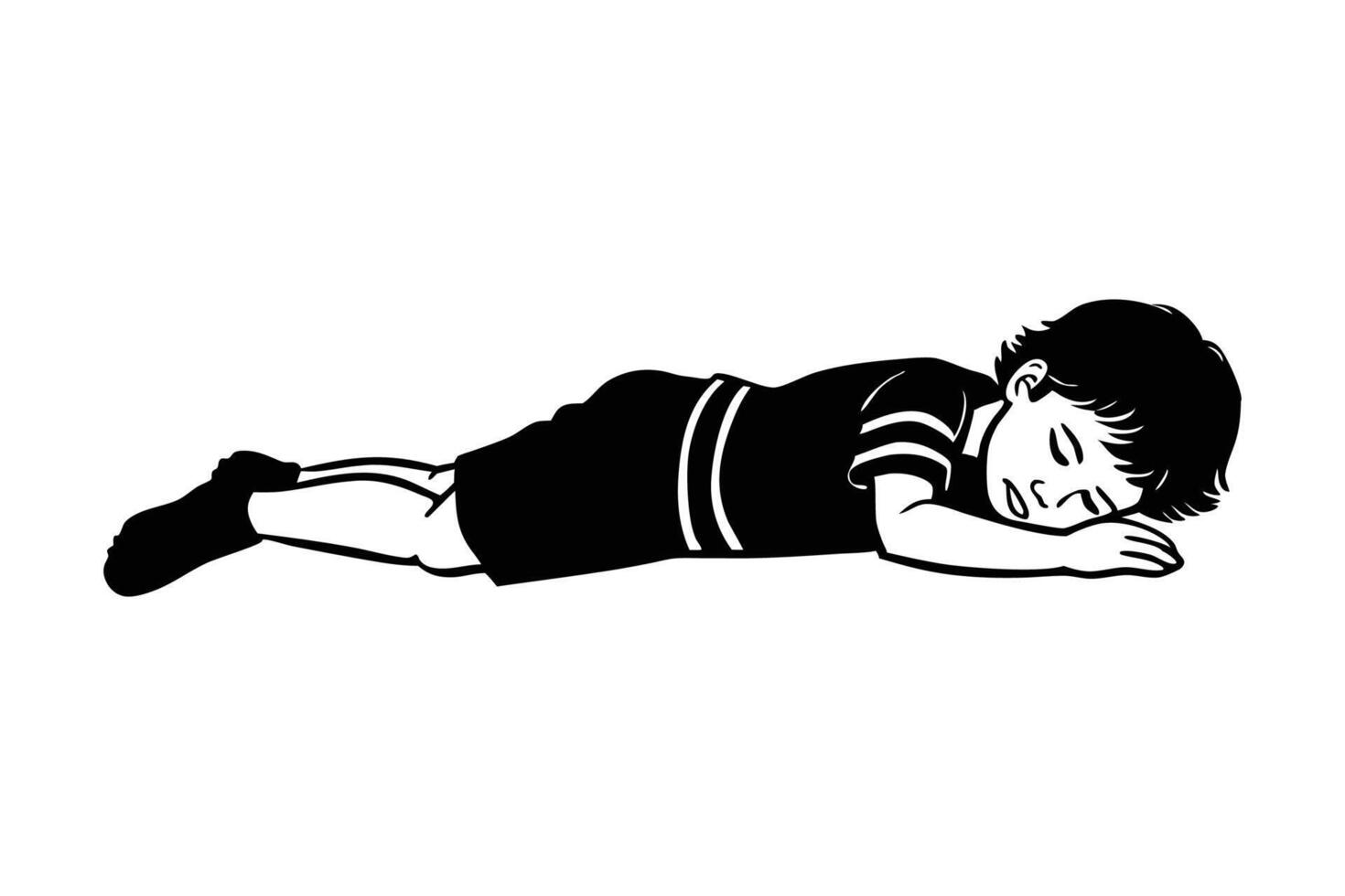A black and white illustration of a boy laying on his stomach vector