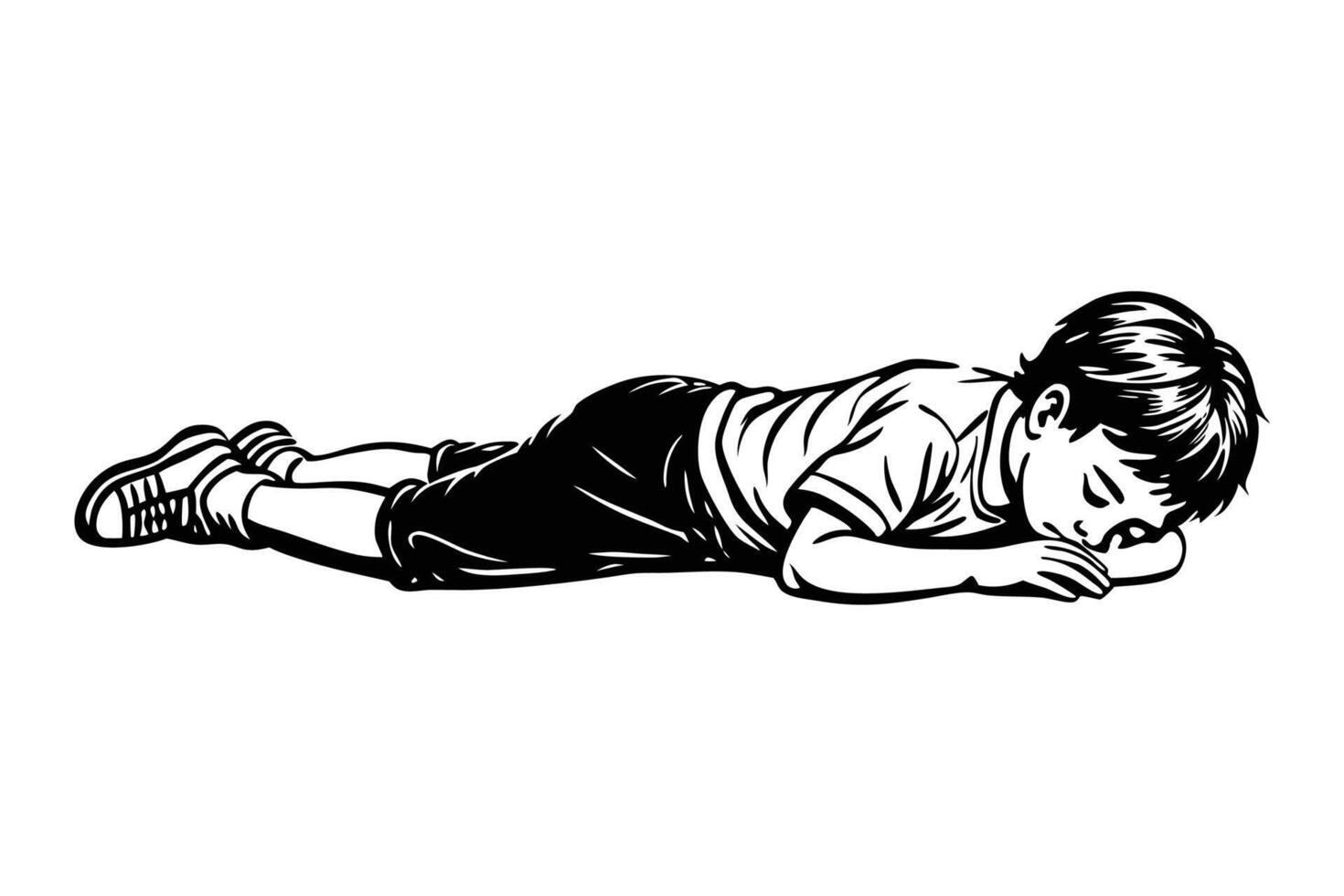 A black and white drawing of a boy laying on the ground vector