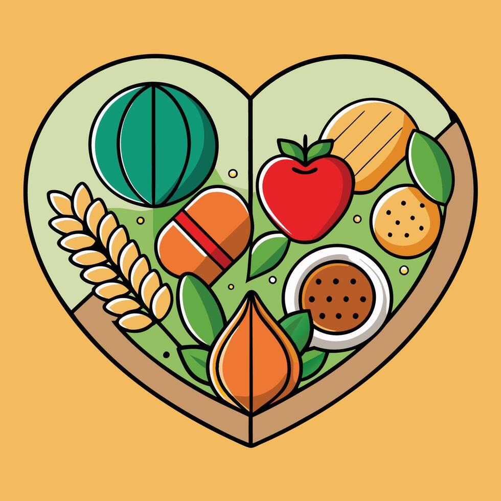 Healthy food in heart shape with fruits and vegetables vector