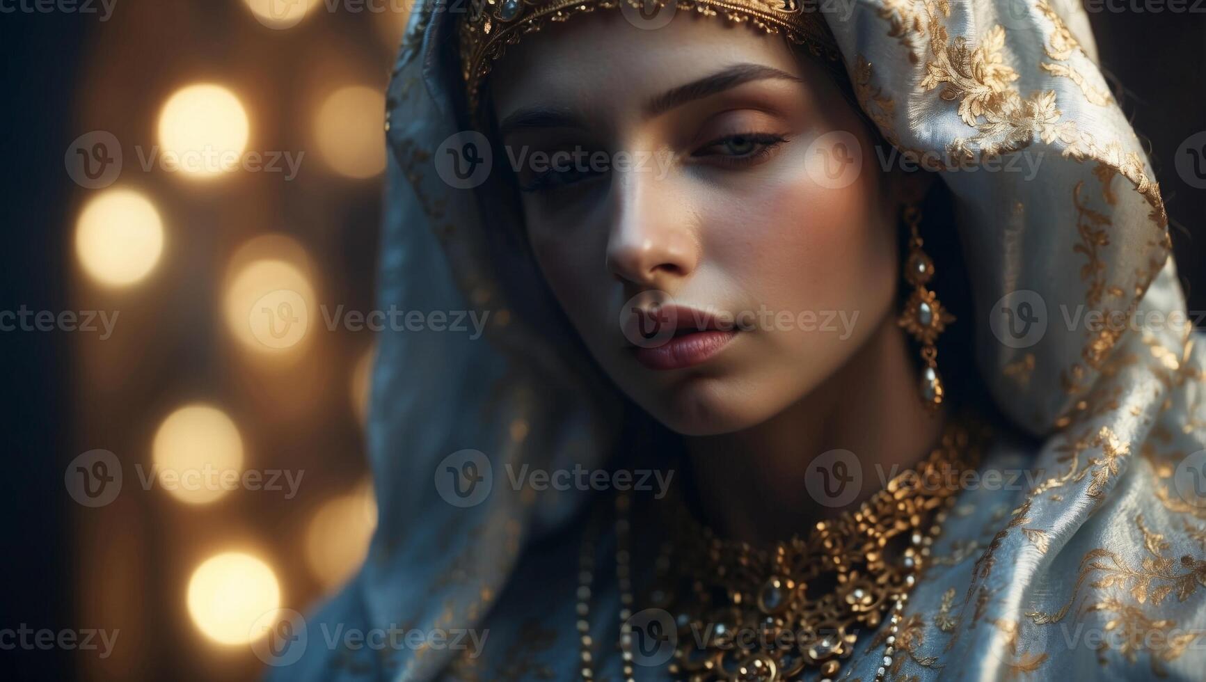 Close-up of the face of the Virgin Mary on a textured background. photo