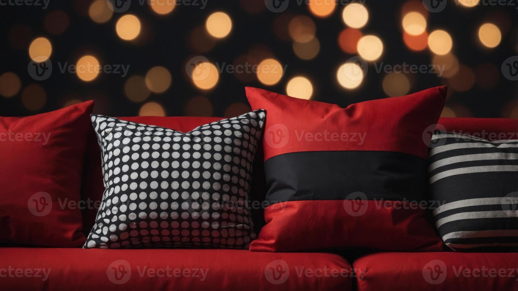 An array of red and black pillows arranged in a contrasting and striped design on a solid red background, providing a bold and modern decorative element. photo