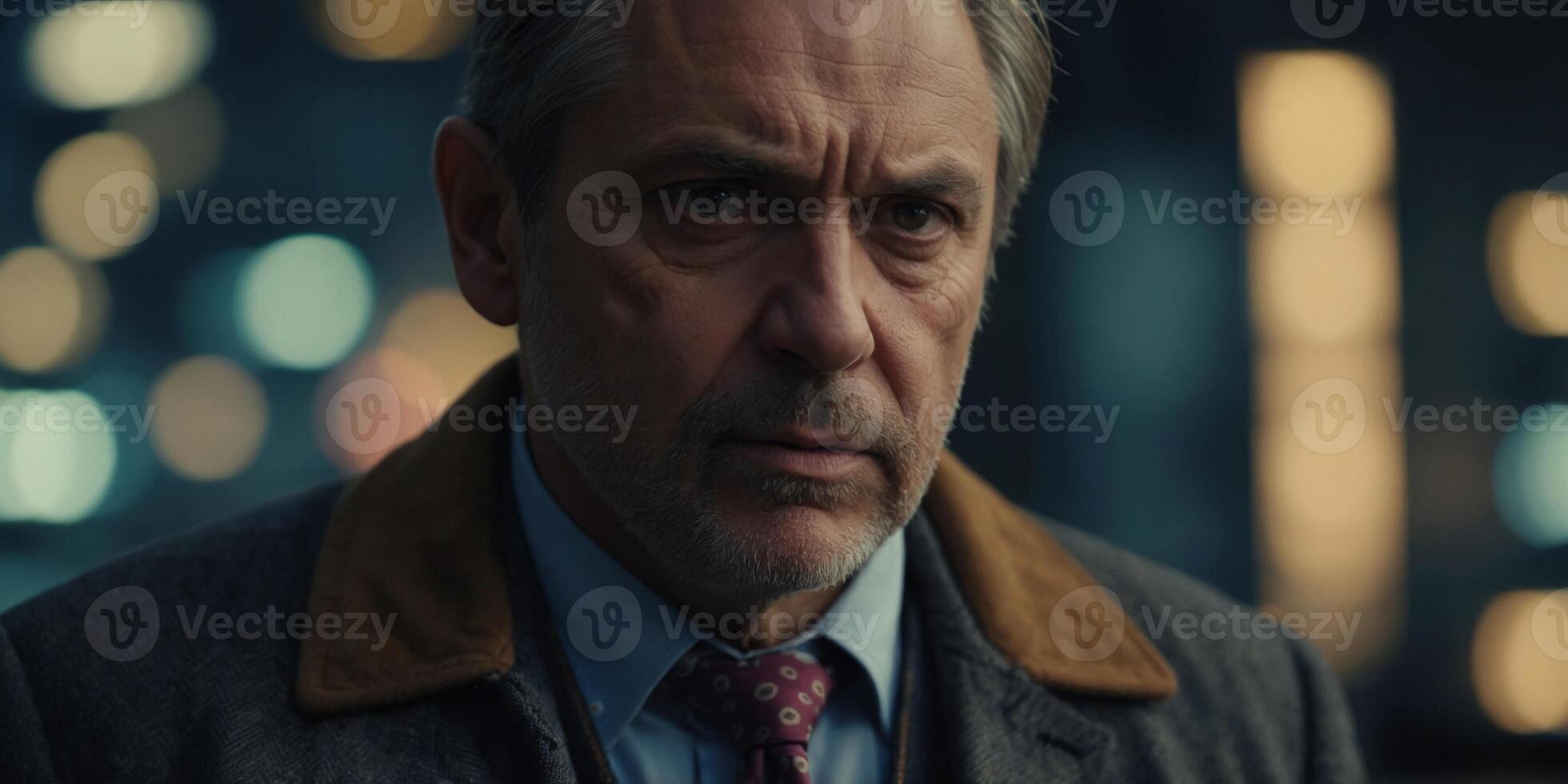 Middle-aged man sporting a loosened tie and jacket reveals a pensive and slightly weary demeanor. photo