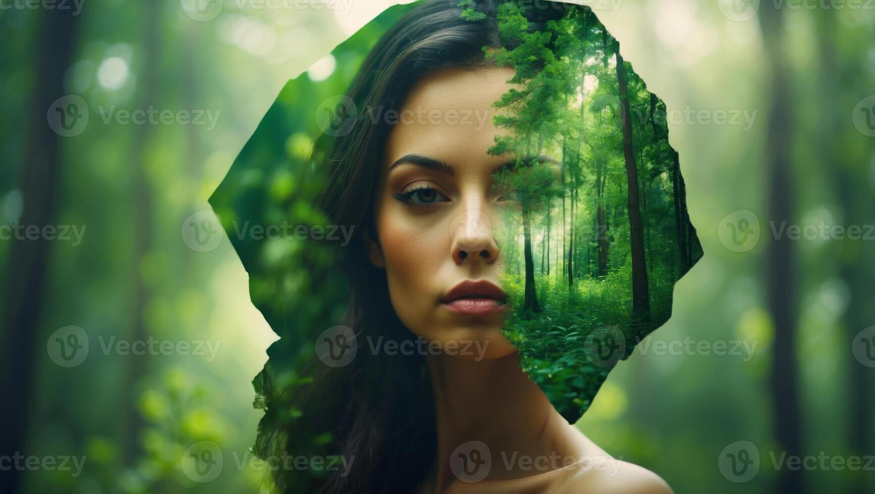 Environmental awareness Conceptual image of a female head with green forest in the background, double exposure. photo